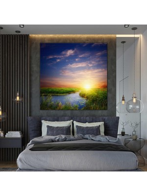 SML Tablo Gün Batımı Akarsu Doğa Sazlık Yeşil Manzara Kanvas Tablo