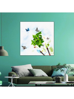 SML Tablo Doğa Manzara Kelebek Yeşil Yaprak Fırça Sanat Kanvas Tablo