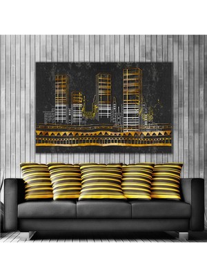 SML Tablo Altın Gökdelenler Çizgisel Şehir Sanatı Gece Işıklar Dekorasyon Modern Kanvas Tablo