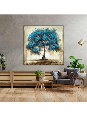 SML Tablo Yağlı Boya Efektli Mavi Yapraklı Ağaç Manzara Kanvas Tablo