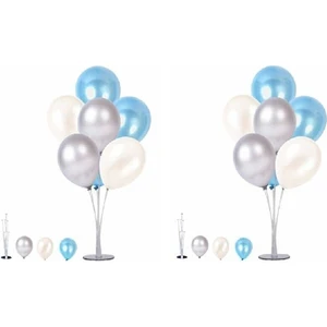 Bal10 Dünyası 2 Adet 7'li Balon Standı ve 14 Adet Gümüş -Mavi - Beyaz Metalik Balon