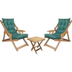 Ahşap Katlanabilir Taşınır Puf Minderli Kollu  Şezlong. Plaj, Bahçe, Teras, Balkon Için 3 Lü Set (Haki)