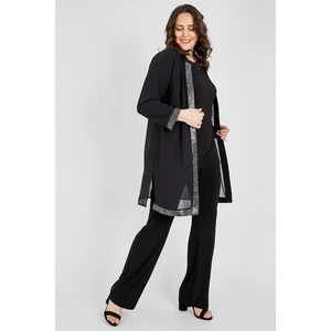 Ladıes Fırst Büyük Beden 3552 Siyah Gümüş Ceket+Bluz+Pantolon Üçlü Takım