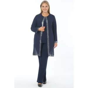 Ladıes Fırst Büyük Beden 3552 Lacivert Ceket+Bluz+Pantolon Üçlü Takım