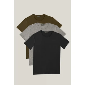 Altınyıldız Classics Erkek Siyah-Haki-Gri Melanj Slim Fit Bisiklet Yaka 3'lü Düz Tişört Paketi
