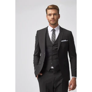 ALTINYILDIZ CLASSICS Erkek Siyah Slim Fit Dar Kesim Mono Yaka Yünlü Yelekli Su Ve Leke Tutmayan Nano Takım Elbise