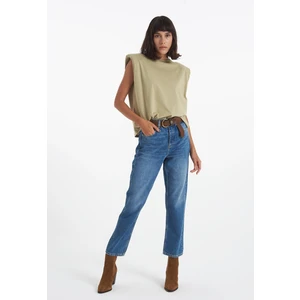 Cross Jeans Eliza Cropped Orta Mavi  Yüksek Bel Straight Fit Düğmeli Jean Pantolon C 4518-053