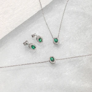 Ravza Gümüş 925 Ayar Gümüş Zümrüt Taşlı Oval Takı Seti