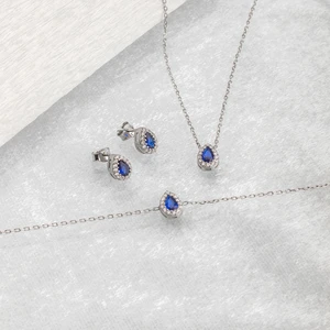 Ravza Gümüş 925 Ayar Gümüş Safir Taşlı Damla Takı Seti