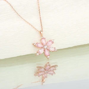 Ravza Gümüş 925 Ayar Gümüş Pembe Sevda Çiçeği Kolye 