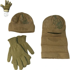 Sonbahar Kışlık Triko Örgü Çöl Sarısı Eldiven ve Kamuflaj Bere Tam Kar Maskesi 2'si 1 Arada Seti