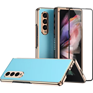 Samsung Galaxy Z Fold 3 5G İçin Kaplama Mat Metal Doku Ekran Koruyucu ile Tam Vücut Koruma Kılıfı Kapak Mavi (Yurt Dışından)