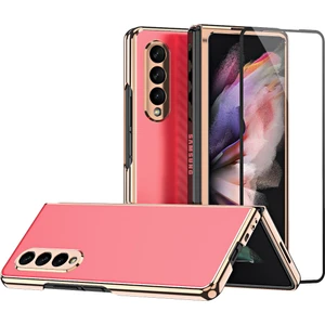 Samsung Galaxy Z Fold 3 5G İçin Kaplama Mat Metal Doku Ekran Koruyucu ile Tam Vücut Koruma Kılıfı Kapak Kırmızı (Yurt Dışından)