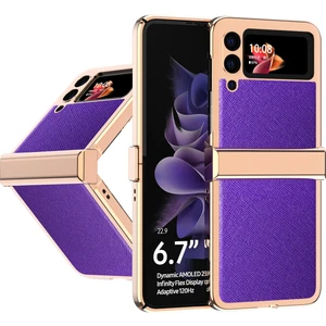 Samsung Galaxy Z Flip 3 5G İçin Hibrid Çapraz Desen Deri Kaplama Tampon Her Şey Dahil Koruyucu Kılıf Kapak Mor (Yurt Dışından)