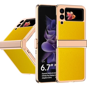 Samsung Galaxy Z Flip 3 5G İçin Hibrid Çapraz Desen Deri Kaplama Tampon Her Şey Dahil Koruyucu Kılıf Kapak Sarı (Yurt Dışından)
