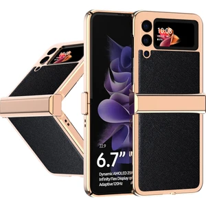 Samsung Galaxy Z Flip 3 5G İçin Hibrid Çapraz Desen Deri Kaplama Tampon Her Şey Dahil Koruyucu Kılıf Kapak Siyah (Yurt Dışından)