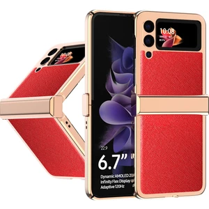 Samsung Galaxy Z Flip 3 5G İçin Hibrid Çapraz Desen Deri Kaplama Tampon Her Şey Dahil Koruyucu Kılıf Kapak Kırmızı (Yurt Dışından)
