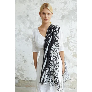 Barok Desen Siyah Beyaz Pamuk Şal Dört Mevsim Kullanıma Uygun Şık Tasarım