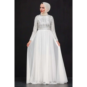 Neva Style  Tesettürlü Abiye Elbise - Pul Payetli Ekru Tesettür Abiye Elbise 5338E