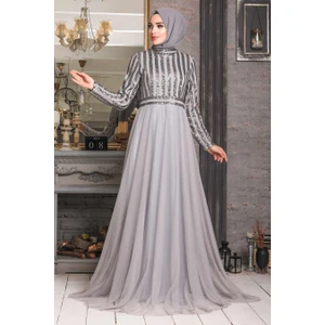 Neva Style  Tesettürlü Abiye Elbise - Pul Payetli Gri Tesettür Abiye Elbise 5338GR