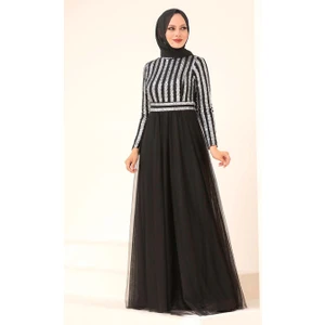 Neva Style  Tesettürlü Abiye Elbise - Pul Payetli Gümüş Tesettür Abiye Elbise 5338GMS