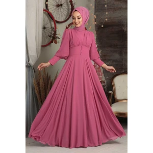Neva Style  Tesettürlü Abiye Elbise - Düğme Detaylı Fuşya Tesettür Abiye Elbise 53810F