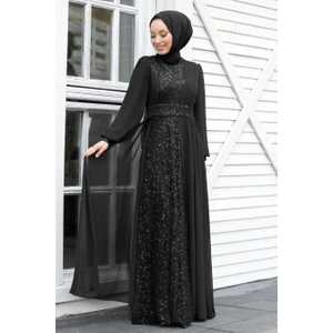 Neva Style  Tesettür Abiye Elbise - Pul Payetli Siyah Tesettür Abiye Elbise 5408S