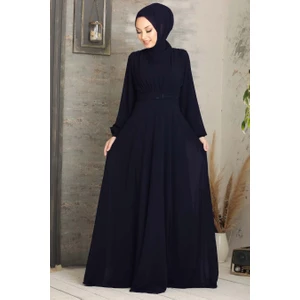 Neva Style  Tesettürlü Abiye Elbise - Kemerli Lacivert Tesettür Abiye Elbise 5422L