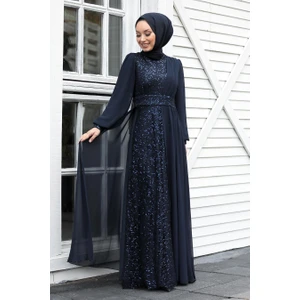 Neva Style  Tesettür Abiye Elbise - Pul Payetli Lacivert Tesettür Abiye Elbise 5408L