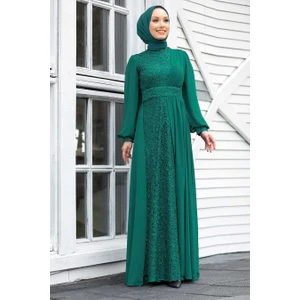 Neva Style  Tesettür Abiye Elbise - Pul Payetli Yeşil Tesettür Abiye Elbise 5408Y