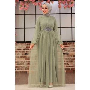 Neva Style  Tesettürlü Abiye Elbise - Tüllü Mint Tesettür Abiye Elbise 54230MINT