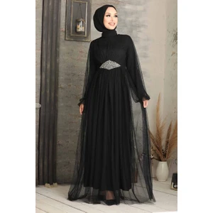 Neva Style  Tesettürlü Abiye Elbise - Tüllü Siyah Tesettür Abiye Elbise 54230S