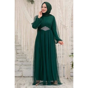 Neva Style  Tesettürlü Abiye Elbise - Tüllü Yeşil Tesettür Abiye Elbise 54230Y