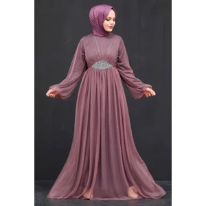 Neva Style  Tesettürlü Abiye Elbise - Tüllü Koyu Gül Kurusu Tesettür Abiye Elbise 54230KGK