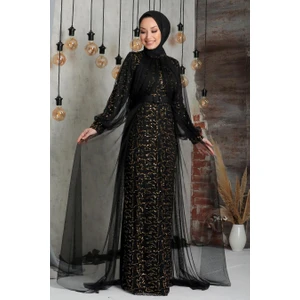 Neva Style  Tesettürlü Abiye Elbise - Pul Payetli Gold Tesettür Abiye Elbise 54410GOLD