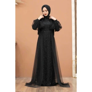 Neva Style  Tesettürlü Abiye Elbise - Pelerinli Siyah Tesettür Abiye Elbise 55190S