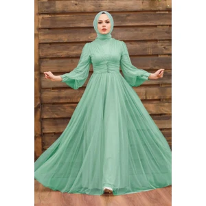 Neva Style  Tesettürlü Abiye Elbise - Düğme Detaylı Mint Tesettür Abiye Elbise 5478MINT