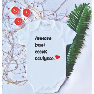 Unisex Bebek Baskılı Annem Beni Çok Seviyo Pamuklu Çıtçıtlı Body Zıbın