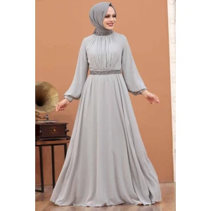 Neva Style  Tesettürlü Abiye Elbise - Balon Kol Gri Tesettür Abiye Elbise 5339GR