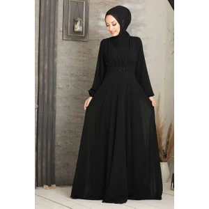 Neva Style  Tesettürlü Abiye Elbise - Kemerli Siyah Tesettür Abiye Elbise 5422S