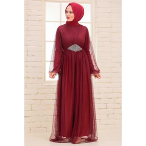 Neva Style  Tesettürlü Abiye Elbise - Tüllü Bordo Tesettür Abiye Elbise 54230BR