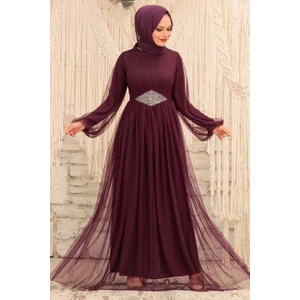 Neva Style  Tesettürlü Abiye Elbise - Tüllü Mürdüm Tesettür Abiye Elbise 54230MU