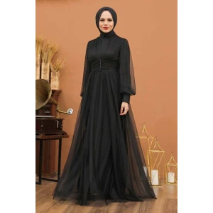 Neva Style  Tesettürlü Abiye Elbise - Düğme Detaylı Siyah Tesettür Abiye Elbise 5478S