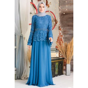 Neva Style - Dantelli Indigo Mavisi Tesettür Abiye Elbise 20671IM