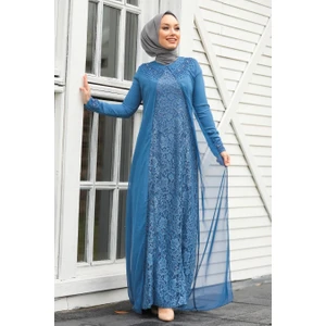 Neva Style  Neva Style - Dantelli Indigo Mavisi Tesettür Abiye Elbise 20803IM