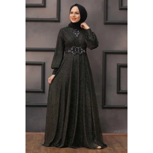 Neva Style  Tesettürlü Abiye Elbise - Simli Gold Tesettür Abiye Elbise 50151GOLD