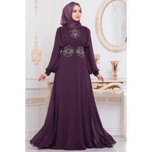 Neva Style  Neva Style - Dantelli Mürdüm Tesettür Abiye Elbise 9118MU