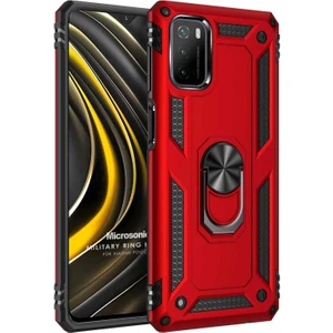 Xiaomi Poco M3 Kılıf Military Ring Holder Kırmızı