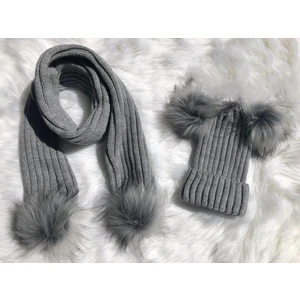 Crystal Shop Çift Ponponlu Gri Çocuk Atkı ve Bere Takımı