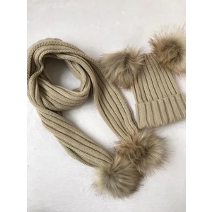 Crystal Shop Çift Ponponlu Bej Çocuk Atkı ve Bere Takımı